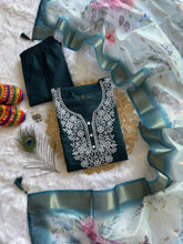 Load image into Gallery viewer, New Wedding Wear Teal Blue Color Roman Silk Embroidery n Sequence Work Designer Straight Kurta With Trouser n Dupatta Set