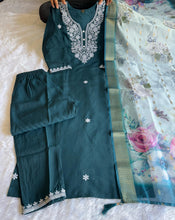 Load image into Gallery viewer, New Wedding Wear Teal Blue Color Roman Silk Embroidery n Sequence Work Designer Straight Kurta With Trouser n Dupatta Set