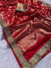 Load image into Gallery viewer, New Wedding Wear Red Color Soft Banarasi Silk Jacquared Zari Weaving With Lace Border Work Fancy Designer Saree