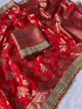 Load image into Gallery viewer, New Wedding Wear Red Color Soft Banarasi Silk Jacquared Zari Weaving With Lace Border Work Fancy Designer Saree