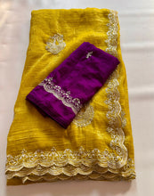 Load image into Gallery viewer, New Dark Mustard Crush Chiffon Embroidery n Sequence Work Partywear Fancy Designer Saree With Blouse