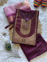 Load image into Gallery viewer, New Festive Wear Wine Color Roman Silk Embroidery n Sequence Work Designer Straight Kurta With Trouser n Dupatta Set