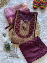 Load image into Gallery viewer, New Festive Wear Wine Color Roman Silk Embroidery n Sequence Work Designer Straight Kurta With Trouser n Dupatta Set