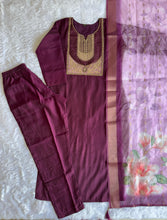 Load image into Gallery viewer, New Festive Wear Wine Color Roman Silk Embroidery n Sequence Work Designer Straight Kurta With Trouser n Dupatta Set