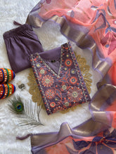 Load image into Gallery viewer, New Wedding Wear Violet Color Roman Silk Embroidery n Sequence Work Designer Straight Kurta With Trouser n Dupatta Set
