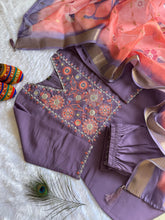 Load image into Gallery viewer, New Wedding Wear Violet Color Roman Silk Embroidery n Sequence Work Designer Straight Kurta With Trouser n Dupatta Set