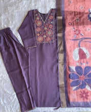 Load image into Gallery viewer, New Wedding Wear Violet Color Roman Silk Embroidery n Sequence Work Designer Straight Kurta With Trouser n Dupatta Set