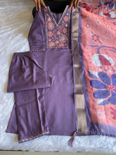 Load image into Gallery viewer, New Wedding Wear Violet Color Roman Silk Embroidery n Sequence Work Designer Straight Kurta With Trouser n Dupatta Set