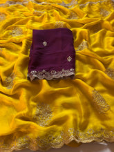 Load image into Gallery viewer, Latest Crunchy Chiffon Silk Yellow Color Embroidery n Cut Work Partywear Fancy Designer Saree With Blouse