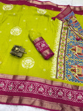 Load image into Gallery viewer, New Mahendi Color Moss Fabric Patola Print With Jacquard Weaving Border n Tussels Work Fancy Designer Saree