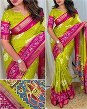 Load image into Gallery viewer, New Mahendi Color Moss Fabric Patola Print With Jacquard Weaving Border n Tussels Work Fancy Designer Saree