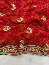 Load image into Gallery viewer, New Wedding Wear Red Color Georgette Bandhani Print With Embroidery Work Fancy Designer Saree