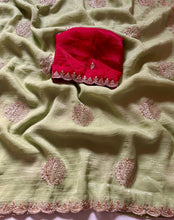 Load image into Gallery viewer, New Pista Color Crunchy Chiffon Crush Silk With Beautiful Embroidery n Cut Work Partywear Fancy Designer Saree