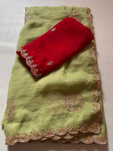 Load image into Gallery viewer, New Pista Color Crunchy Chiffon Crush Silk With Beautiful Embroidery n Cut Work Partywear Fancy Designer Saree