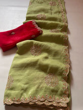 Load image into Gallery viewer, New Pista Color Crunchy Chiffon Crush Silk With Beautiful Embroidery n Cut Work Partywear Fancy Designer Saree