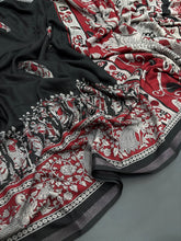 Load image into Gallery viewer, New Function Wear Black Color Viscose Georgette Kalamkari Print N Zari Border Work Fancy Designer Saree Design