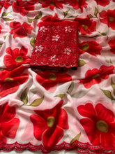 Load image into Gallery viewer, New Wedding Wear Red n White Color Soft Georgette Print N Arco Border Work Fancy Designer Saree