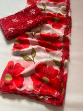 Load image into Gallery viewer, New Wedding Wear Red n White Color Soft Georgette Print N Arco Border Work Fancy Designer Saree