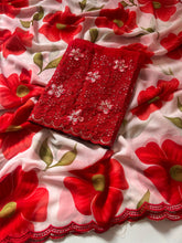 Load image into Gallery viewer, New Wedding Wear Red n White Color Soft Georgette Print N Arco Border Work Fancy Designer Saree