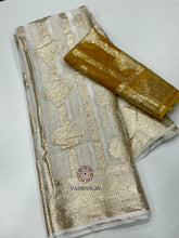 Load image into Gallery viewer, New Festive Wear White n Gold Zari Weaving Viscose Georgette Fancy Designer Saree With Blouse