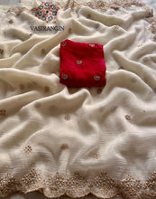 Load image into Gallery viewer, New Partywear Off White Color Chiffon Crush Silk Beautiful Cut Work Fancy Designer Saree