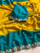 Load image into Gallery viewer, New Wedding Wear Rama n Mustard Georgette Embroidery Sequence And Jari Work Fancy Designer Saree