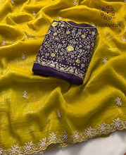 Load image into Gallery viewer, Mustard Color Crunchy Chiffon Crush Silk Embroidery n Cut Work Border Fancy Designer Partywear Saree