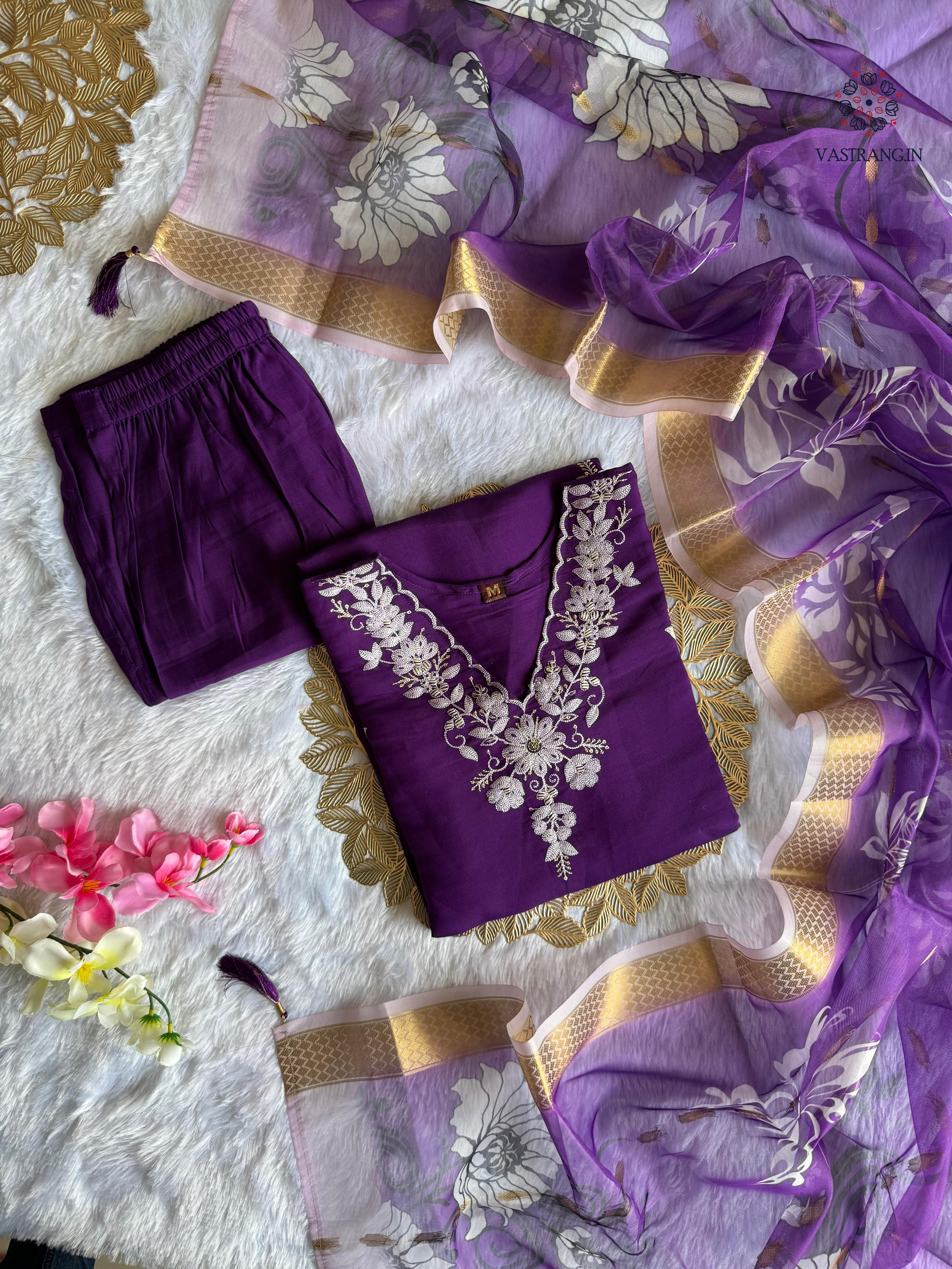 Purple Roman Silk Thread Mirror Work and Maslin Crochet Print Gown