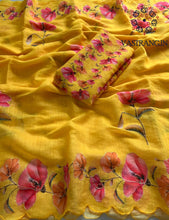 Load image into Gallery viewer, New Cotton Linen Fabric Print With Embroidery Arco Border Work Fancy Designer Saree With Blouse