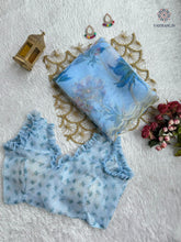 Load image into Gallery viewer, New Partywear Skyblue Color Organza Silk Printed Hand Work Fancy Designer Saree With Unstitched Blouse