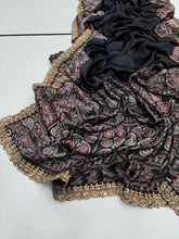 Load image into Gallery viewer, New Function Wear Black Color Pure Satin Silk Ajrak Printed Rich Pallu n Sequence Lace Work Fancy Designer Saree