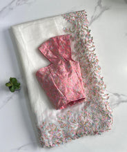 Load image into Gallery viewer, Beautiful Soft Tebby Silk Cream Color Embroidery Work Saree with Designer Unstitched Blouse