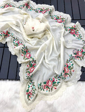 Load image into Gallery viewer, New Off white Color Pure Tussar Silk Embroidered Thread Work Wedding Wear Fancy Designer Saree