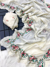 Load image into Gallery viewer, New Off white Color Pure Tussar Silk Embroidered Thread Work Wedding Wear Fancy Designer Saree