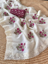 Load image into Gallery viewer, Latest Off white Color Pure Crush Georgette Chiffon Embroidered Work Wedding Wear Fancy Designer Saree