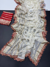 Load image into Gallery viewer, Latest Function wear White Color Viscose Georgette Jacquard Weaving With Squence Lace Work Fancy Designer Saree