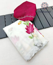 Load image into Gallery viewer, New White Color Partywear Soft Georgette Handbrush Print With Siroski Cut Work Fancy Designer Saree