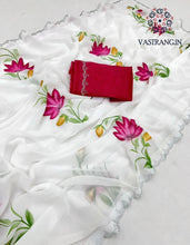 Load image into Gallery viewer, New White Color Partywear Soft Georgette Handbrush Print With Siroski Cut Work Fancy Designer Saree