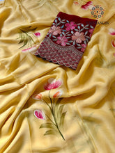 Load image into Gallery viewer, New Function Wear Hand brush Print n Foil Outerline Work Fancy Designer Saree With Hand Work Blouse