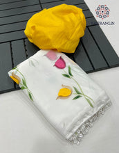 Load image into Gallery viewer, New Partywear White Color Chiffon Handbrush Print With Foil n Moti Lace Work Fancy Designer Saree