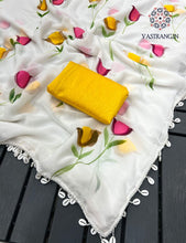 Load image into Gallery viewer, New Partywear White Color Chiffon Handbrush Print With Foil n Moti Lace Work Fancy Designer Saree