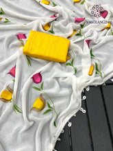 Load image into Gallery viewer, New Partywear White Color Chiffon Handbrush Print With Foil n Moti Lace Work Fancy Designer Saree