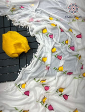 Load image into Gallery viewer, New Partywear White Color Chiffon Handbrush Print With Foil n Moti Lace Work Fancy Designer Saree