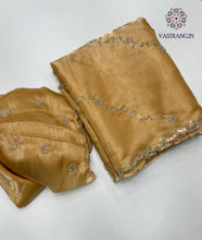 Load image into Gallery viewer, Attractive Golden Colour Partywear Sattin Silk Bits Maggam Cut Work Border Saree For Wedding