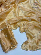 Load image into Gallery viewer, Attractive Golden Colour Partywear Sattin Silk Bits Maggam Cut Work Border Saree For Wedding