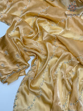 Load image into Gallery viewer, Attractive Golden Colour Partywear Sattin Silk Bits Maggam Cut Work Border Saree For Wedding