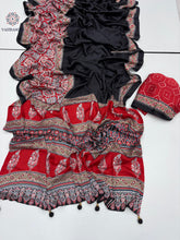Load image into Gallery viewer, New Festive Wear Red n Black Color Pure Satin Silk Ajrak Printed Rich Pallu n Tussles Work Fancy Designer Saree
