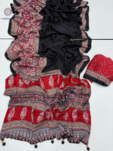 Load image into Gallery viewer, New Festive Wear Red n Black Color Pure Satin Silk Ajrak Printed Rich Pallu n Tussles Work Fancy Designer Saree