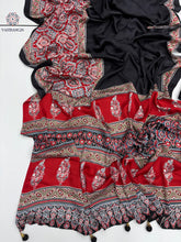 Load image into Gallery viewer, New Festive Wear Red n Black Color Pure Satin Silk Ajrak Printed Rich Pallu n Tussles Work Fancy Designer Saree