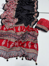 Load image into Gallery viewer, New Festive Wear Red n Black Color Pure Satin Silk Ajrak Printed Rich Pallu n Tussles Work Fancy Designer Saree